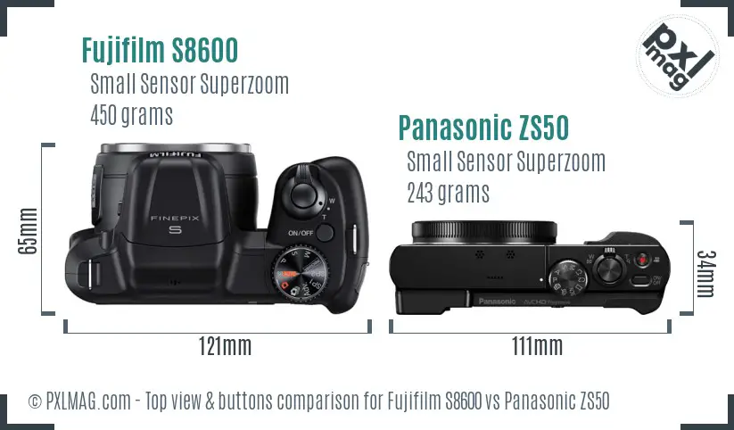 Fujifilm S8600 vs Panasonic ZS50 top view buttons comparison