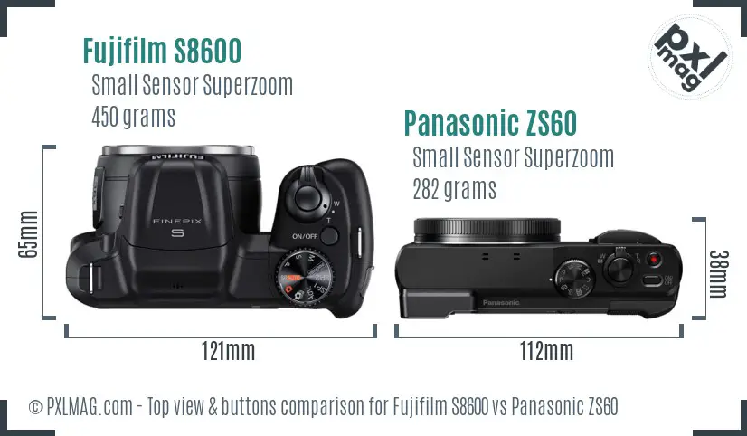 Fujifilm S8600 vs Panasonic ZS60 top view buttons comparison