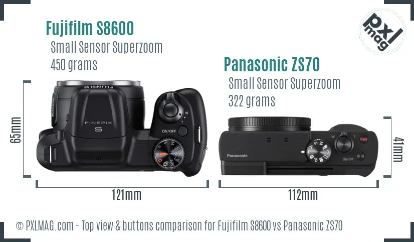 Fujifilm S8600 vs Panasonic ZS70 top view buttons comparison