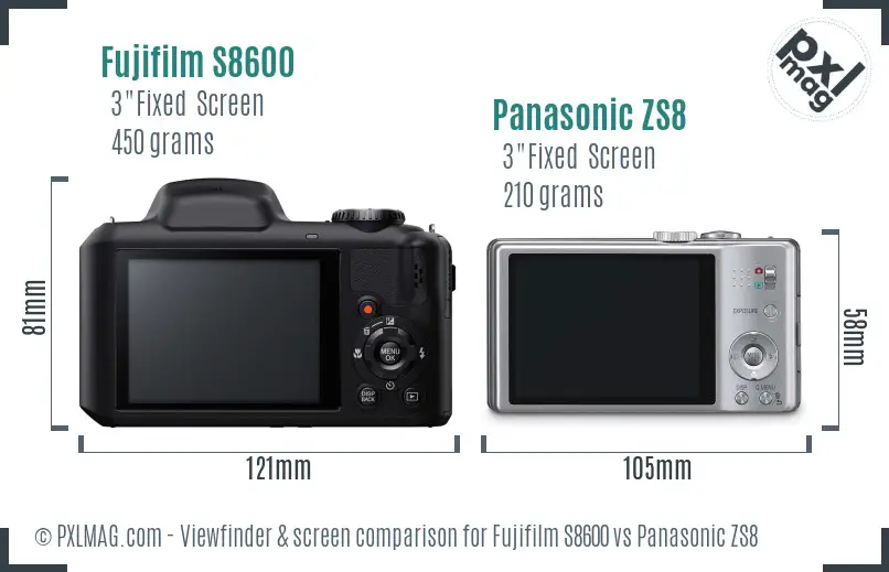 Fujifilm S8600 vs Panasonic ZS8 Screen and Viewfinder comparison