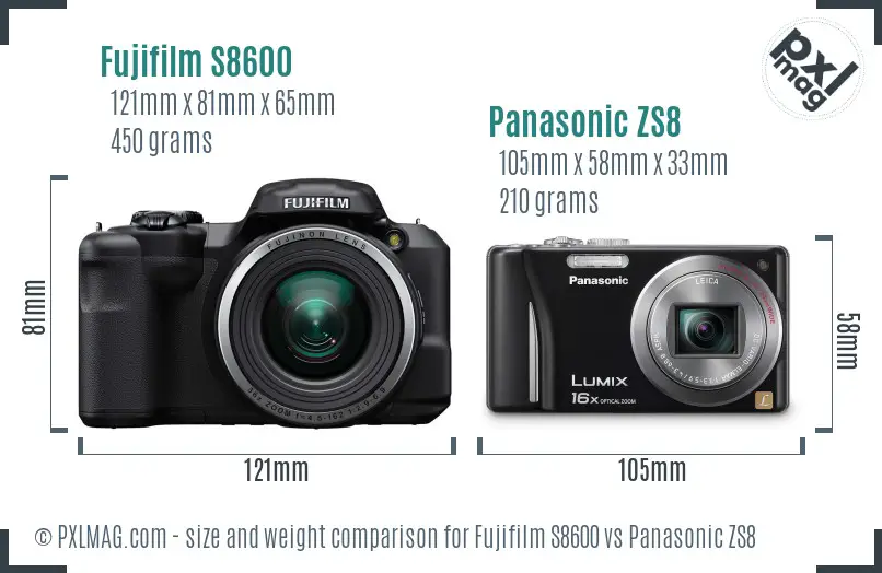 Fujifilm S8600 vs Panasonic ZS8 size comparison
