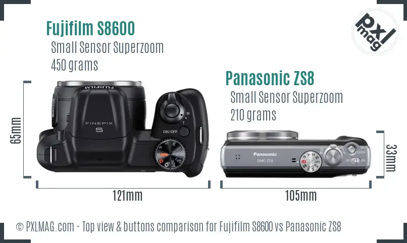 Fujifilm S8600 vs Panasonic ZS8 top view buttons comparison