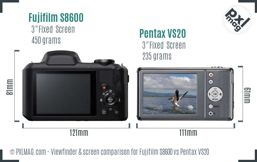 Fujifilm S8600 vs Pentax VS20 Screen and Viewfinder comparison