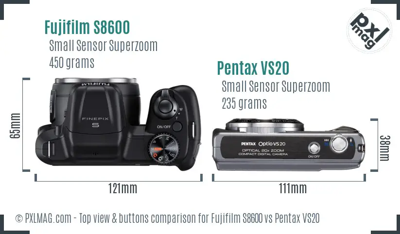 Fujifilm S8600 vs Pentax VS20 top view buttons comparison