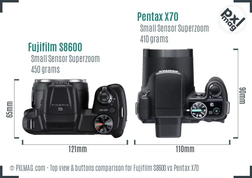 Fujifilm S8600 vs Pentax X70 top view buttons comparison Fujifilm S8600 vs Pentax X70 top view buttons comparison