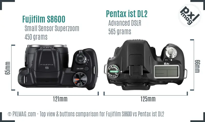 Fujifilm S8600 vs Pentax ist DL2 top view buttons comparison