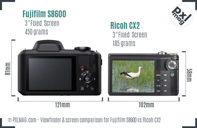 Fujifilm S8600 vs Ricoh CX2 Screen and Viewfinder comparison