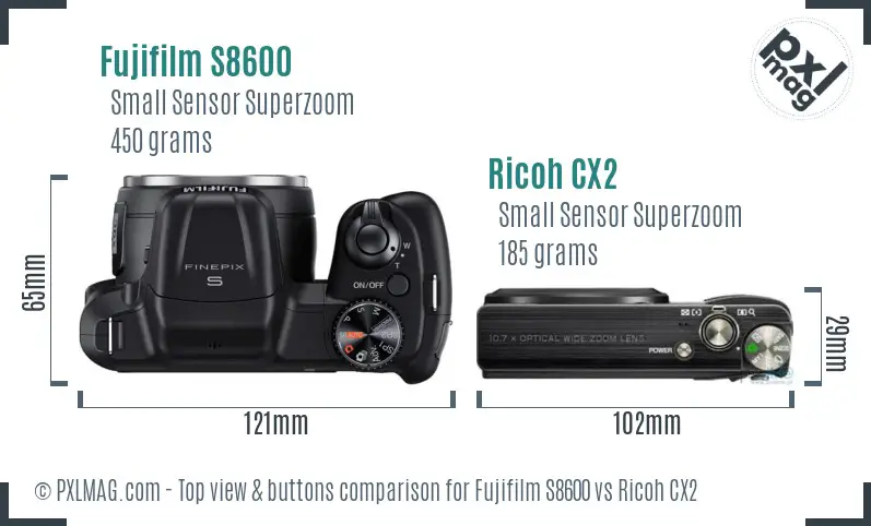 Fujifilm S8600 vs Ricoh CX2 top view buttons comparison