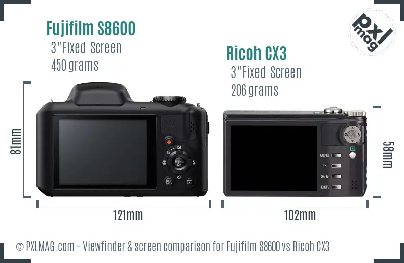 Fujifilm S8600 vs Ricoh CX3 Screen and Viewfinder comparison