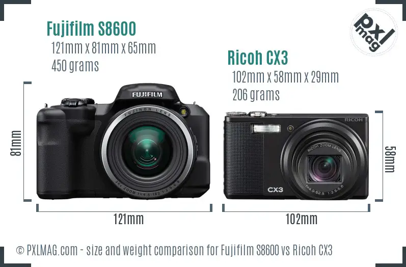 Fujifilm S8600 vs Ricoh CX3 size comparison