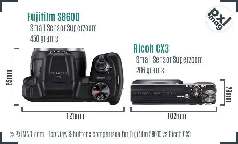 Fujifilm S8600 vs Ricoh CX3 top view buttons comparison