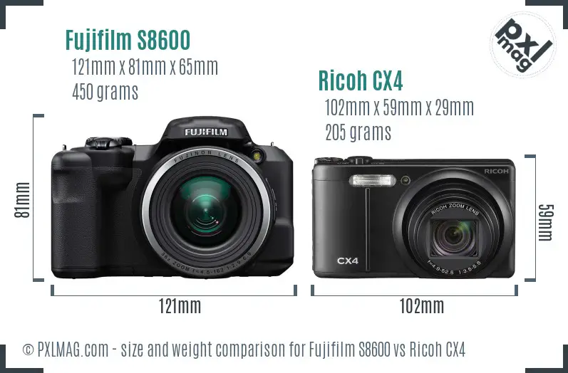 Fujifilm S8600 vs Ricoh CX4 size comparison Fujifilm S8600 vs Ricoh CX4 size comparison