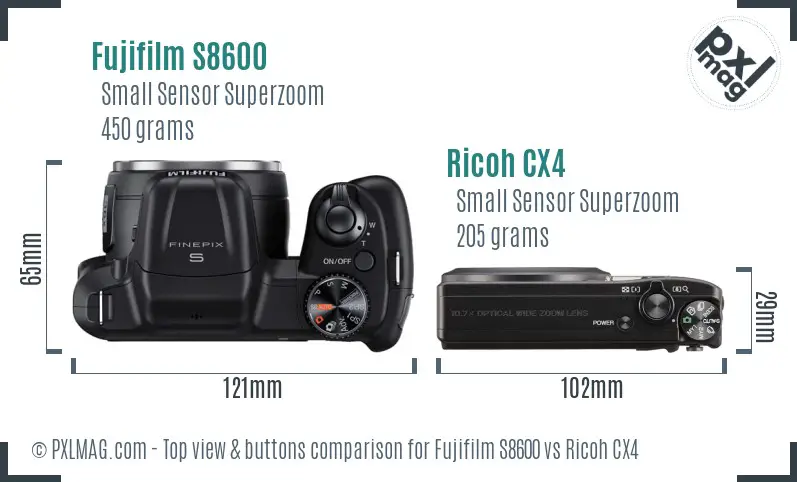 Fujifilm S8600 vs Ricoh CX4 top view buttons comparison Fujifilm S8600 vs Ricoh CX4 top view buttons comparison
