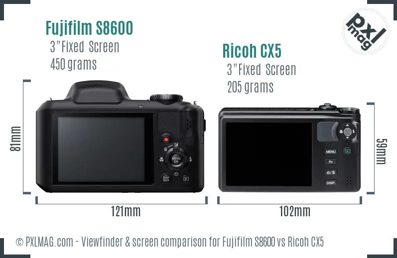 Fujifilm S8600 vs Ricoh CX5 Screen and Viewfinder comparison