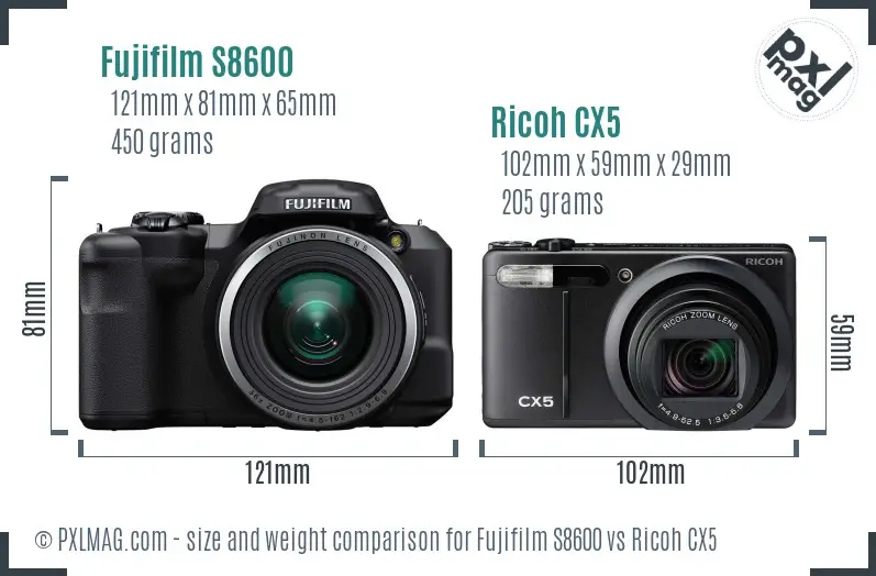Fujifilm S8600 vs Ricoh CX5 size comparison