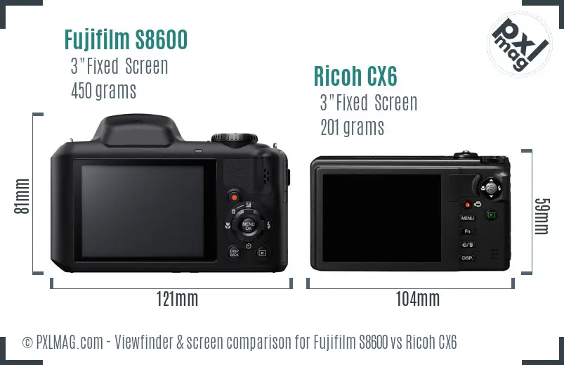 Fujifilm S8600 vs Ricoh CX6 Screen and Viewfinder comparison