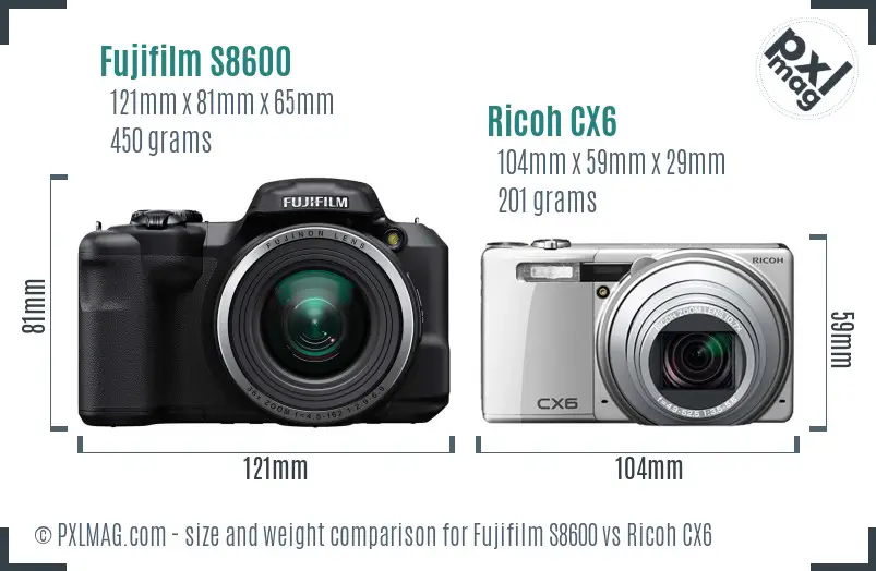 Fujifilm S8600 vs Ricoh CX6 size comparison