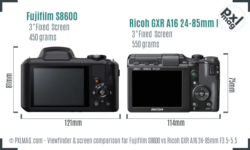 Fujifilm S8600 vs Ricoh GXR A16 24-85mm F3.5-5.5 Screen and Viewfinder comparison Fujifilm S8600 vs Ricoh GXR A16 24-85mm F3.5-5.5 Screen and Viewfinder comparison