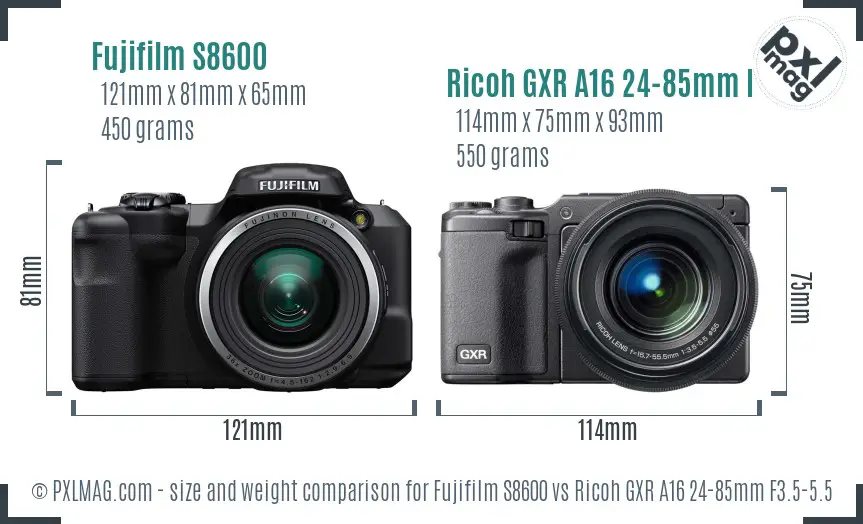 Fujifilm S8600 vs Ricoh GXR A16 24-85mm F3.5-5.5 size comparison Fujifilm S8600 vs Ricoh GXR A16 24-85mm F3.5-5.5 size comparison