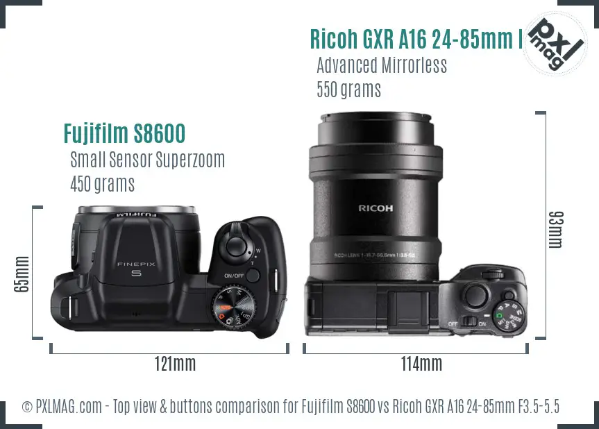 Fujifilm S8600 vs Ricoh GXR A16 24-85mm F3.5-5.5 top view buttons comparison Fujifilm S8600 vs Ricoh GXR A16 24-85mm F3.5-5.5 top view buttons comparison