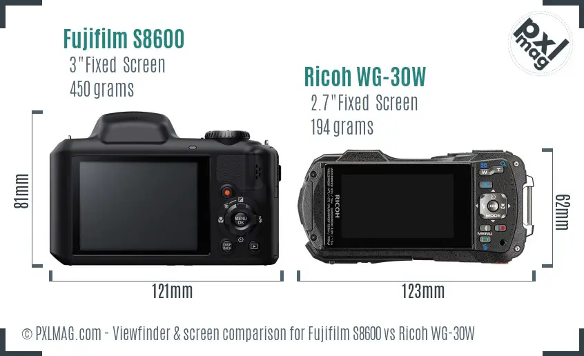 Fujifilm S8600 vs Ricoh WG-30W Screen and Viewfinder comparison