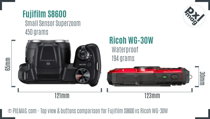 Fujifilm S8600 vs Ricoh WG-30W top view buttons comparison