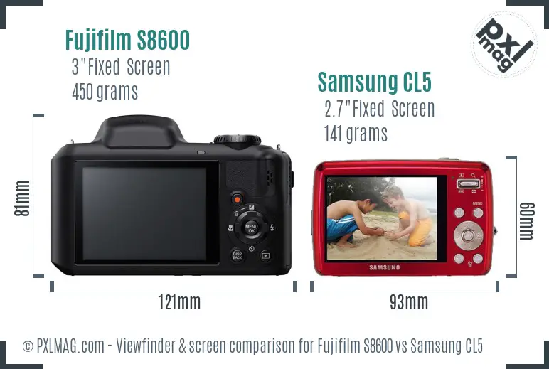 Fujifilm S8600 vs Samsung CL5 Screen and Viewfinder comparison