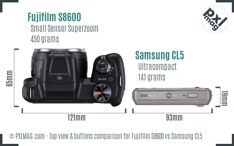 Fujifilm S8600 vs Samsung CL5 top view buttons comparison