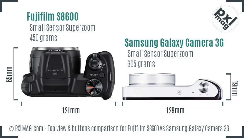 Fujifilm S8600 vs Samsung Galaxy Camera 3G top view buttons comparison Fujifilm S8600 vs Samsung Galaxy Camera 3G top view buttons comparison
