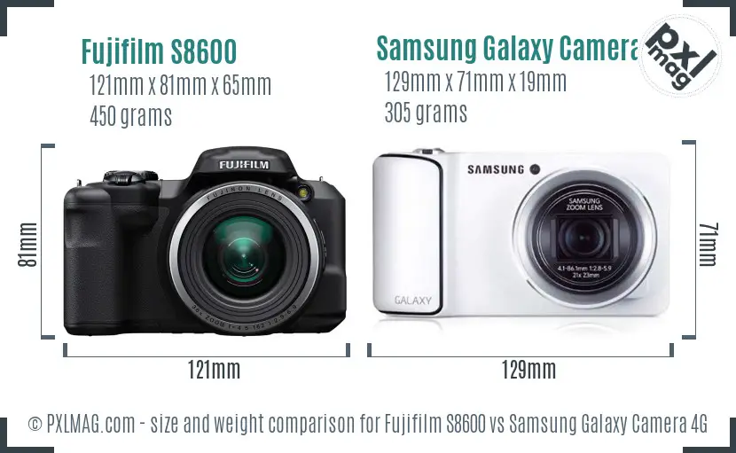 Fujifilm S8600 vs Samsung Galaxy Camera 4G size comparison