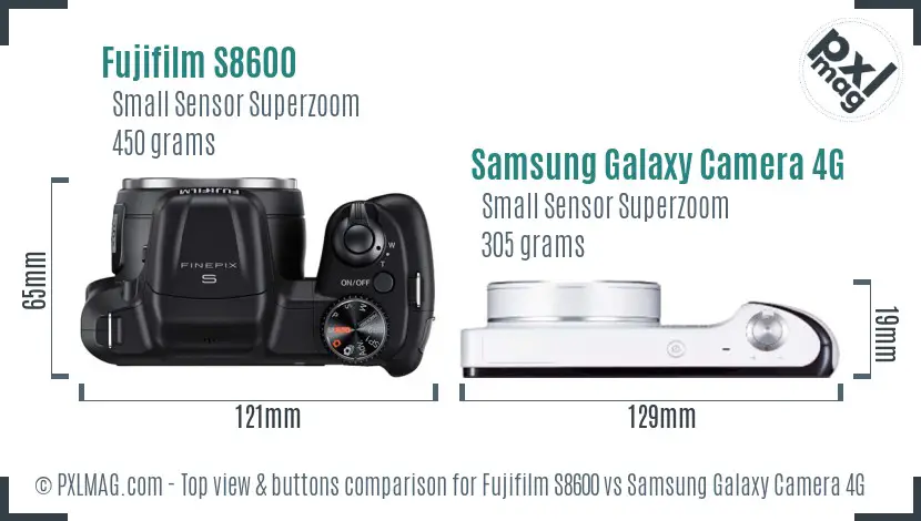 Fujifilm S8600 vs Samsung Galaxy Camera 4G top view buttons comparison