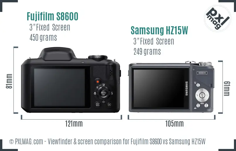 Fujifilm S8600 vs Samsung HZ15W Screen and Viewfinder comparison Fujifilm S8600 vs Samsung HZ15W Screen and Viewfinder comparison