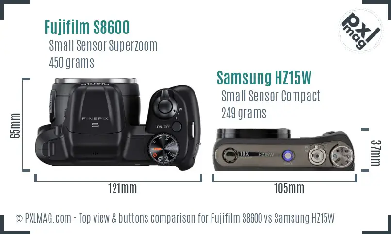 Fujifilm S8600 vs Samsung HZ15W top view buttons comparison Fujifilm S8600 vs Samsung HZ15W top view buttons comparison