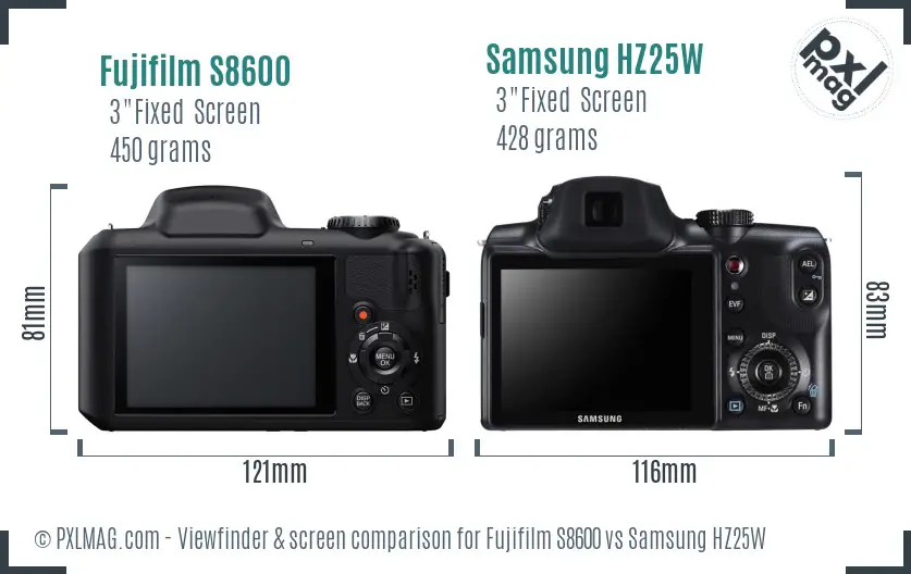 Fujifilm S8600 vs Samsung HZ25W Screen and Viewfinder comparison