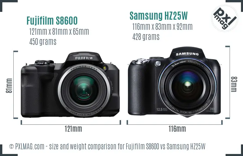 Fujifilm S8600 vs Samsung HZ25W size comparison