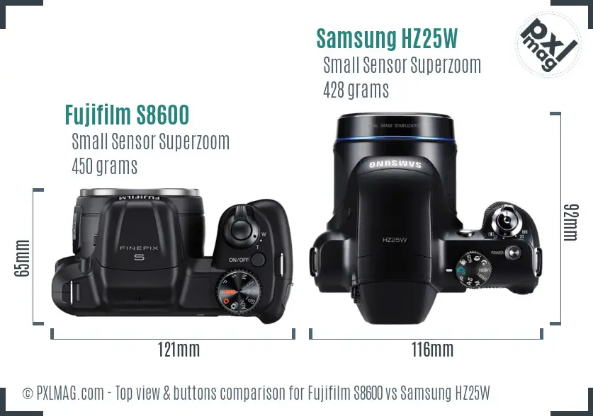 Fujifilm S8600 vs Samsung HZ25W top view buttons comparison