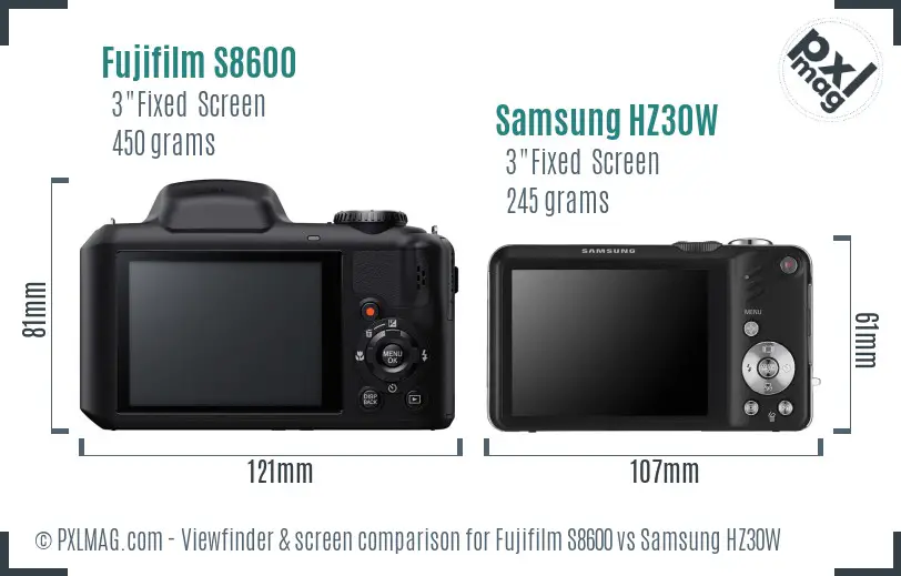 Fujifilm S8600 vs Samsung HZ30W Screen and Viewfinder comparison