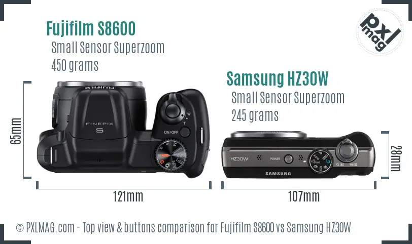 Fujifilm S8600 vs Samsung HZ30W top view buttons comparison