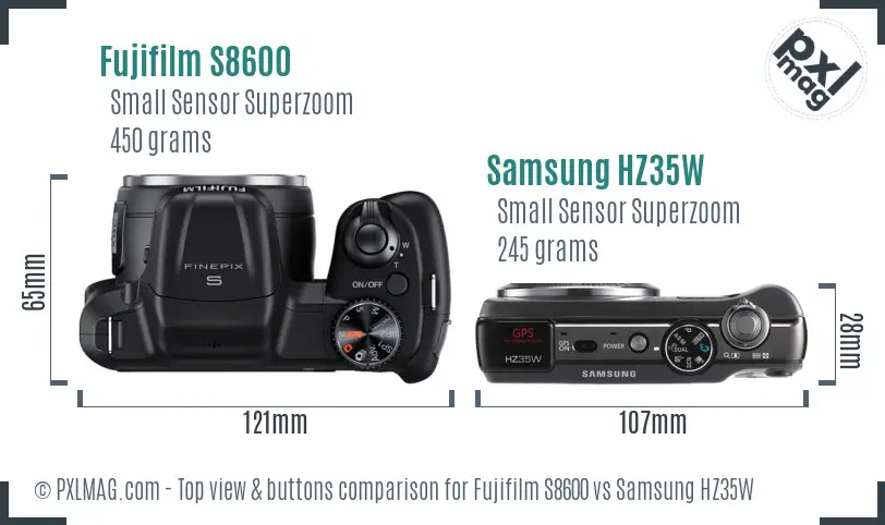 Fujifilm S8600 vs Samsung HZ35W top view buttons comparison