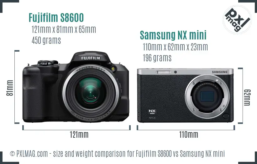 Fujifilm S8600 vs Samsung NX mini size comparison