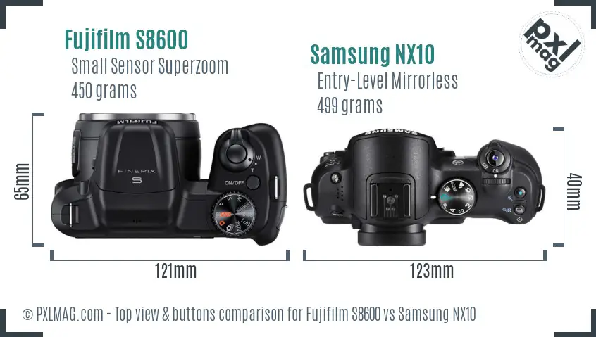 Fujifilm S8600 vs Samsung NX10 top view buttons comparison