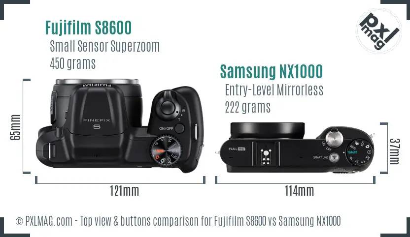 Fujifilm S8600 vs Samsung NX1000 top view buttons comparison