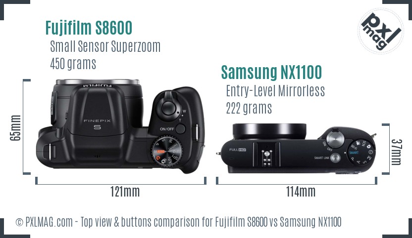 Fujifilm S8600 vs Samsung NX1100 top view buttons comparison