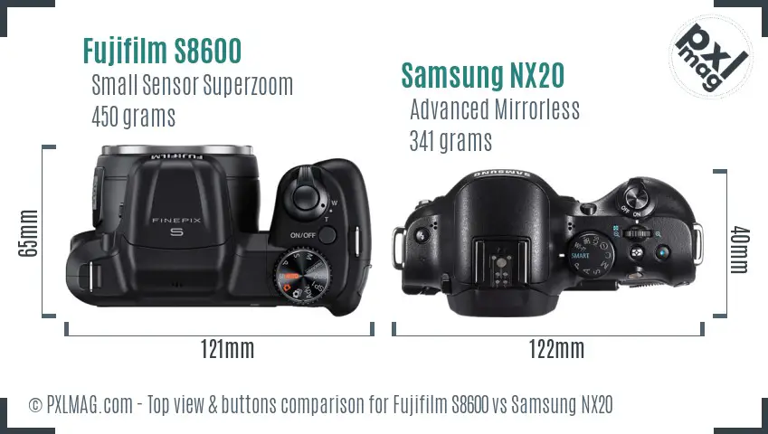 Fujifilm S8600 vs Samsung NX20 top view buttons comparison