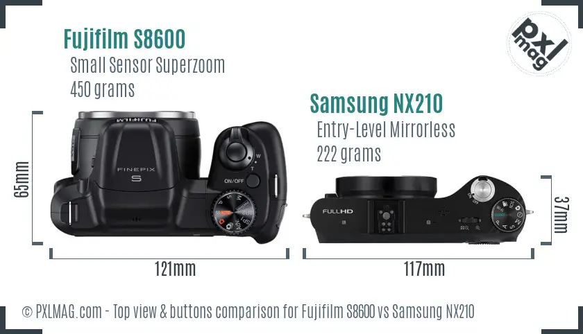 Fujifilm S8600 vs Samsung NX210 top view buttons comparison