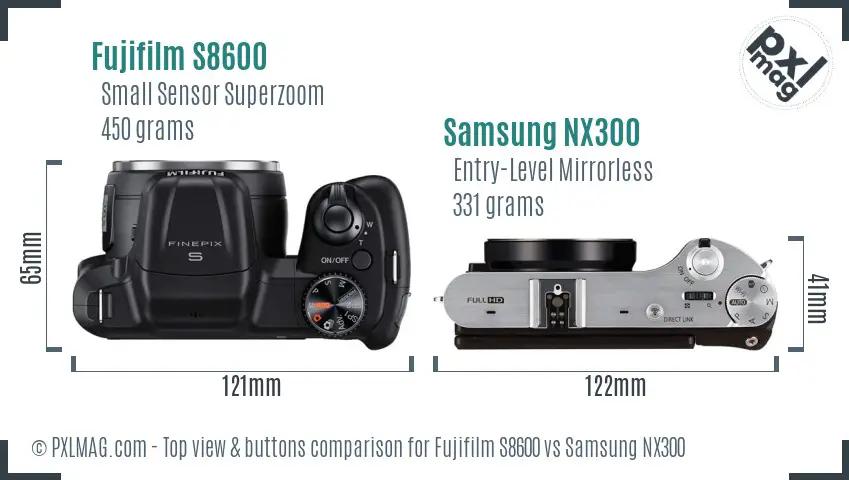 Fujifilm S8600 vs Samsung NX300 top view buttons comparison