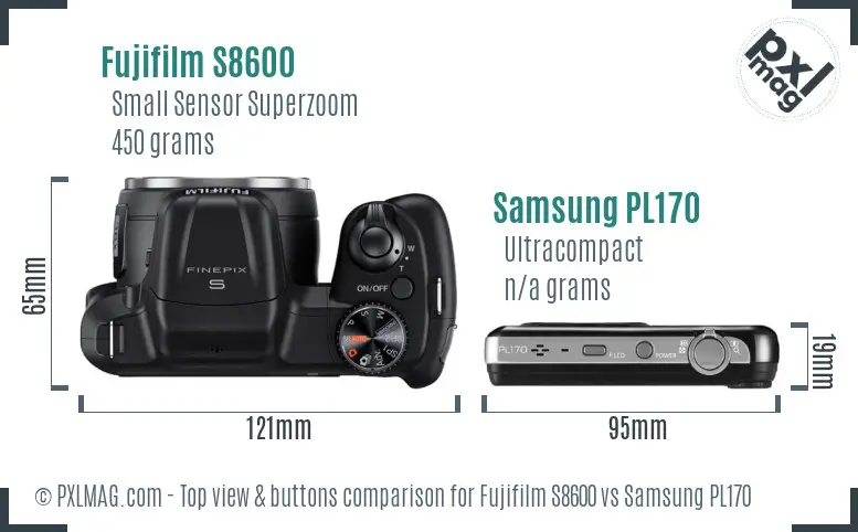 Fujifilm S8600 vs Samsung PL170 top view buttons comparison Fujifilm S8600 vs Samsung PL170 top view buttons comparison
