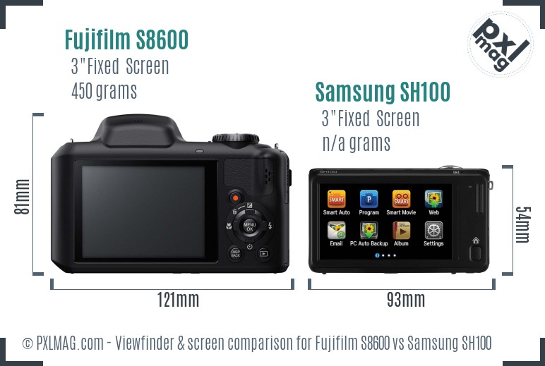 Fujifilm S8600 vs Samsung SH100 Screen and Viewfinder comparison