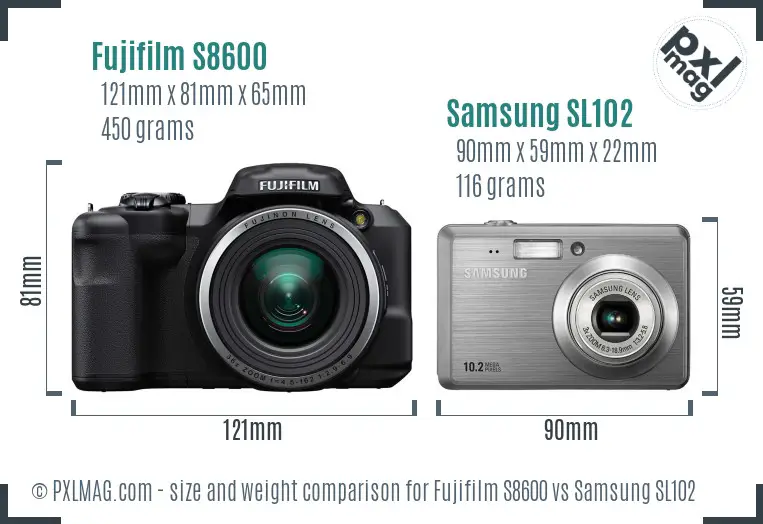 Fujifilm S8600 vs Samsung SL102 size comparison