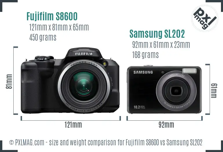 Fujifilm S8600 vs Samsung SL202 size comparison